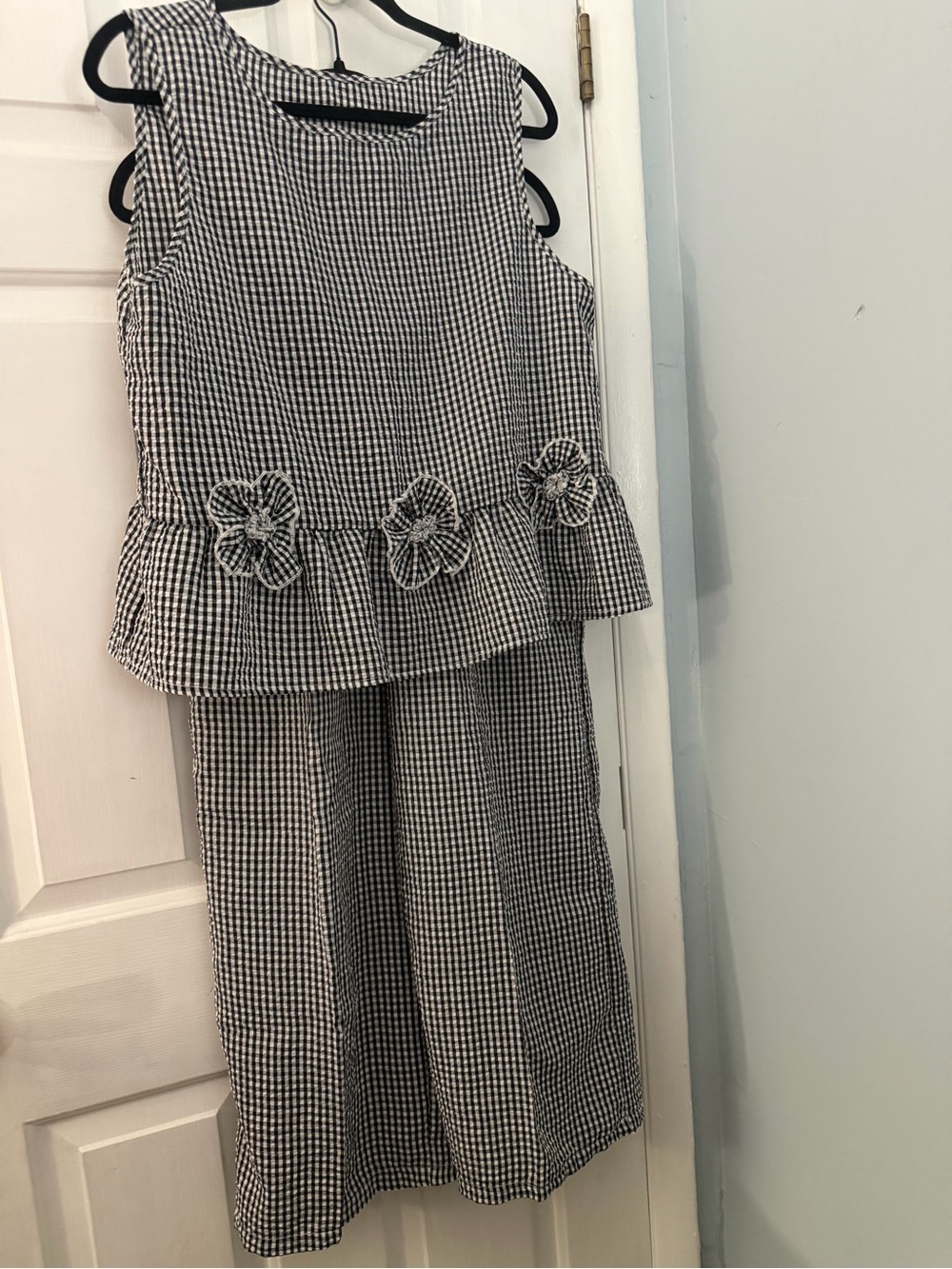 SHEIN Black White Gingham Floral Peplum Top Wide Leg Pants Set Large